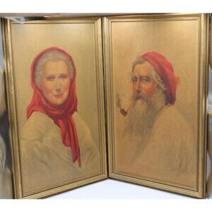 Vintage Pair of Framed Paintings Old Man/Old Woman of Capri Italy Signed